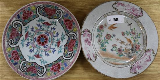 Five assorted 18th century Chinese famille rose plates, 9in.